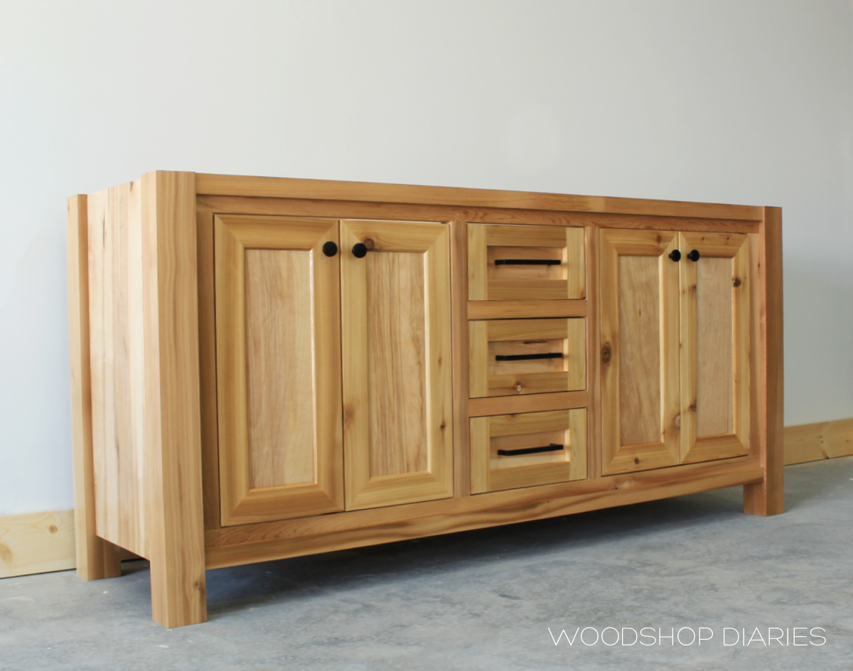 cedar double vanity finished with a clear coat sealer against white wall in workshop