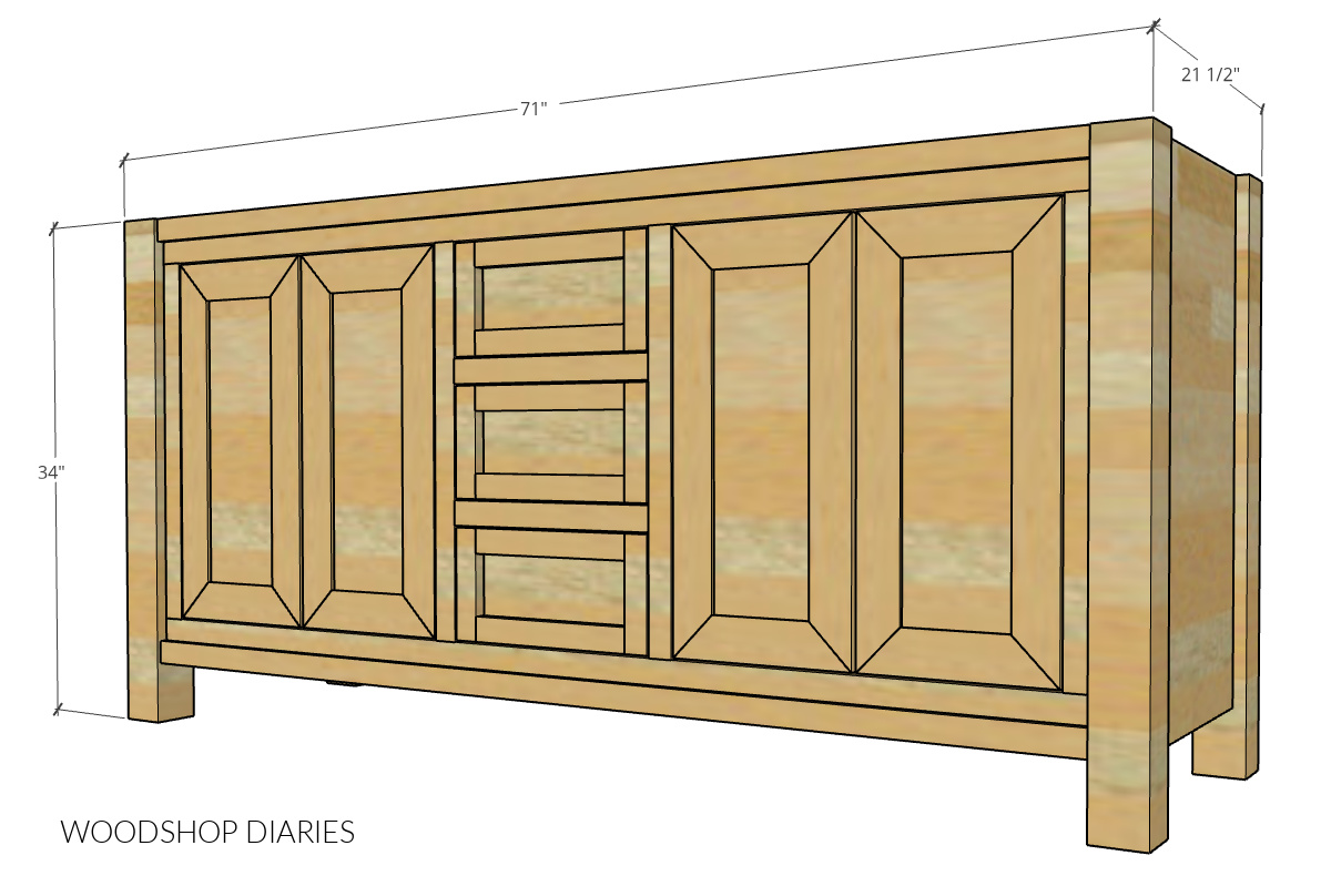 Overall dimensional diagram showing vanity dimensions once completed--21 ½" x 34" x 71"