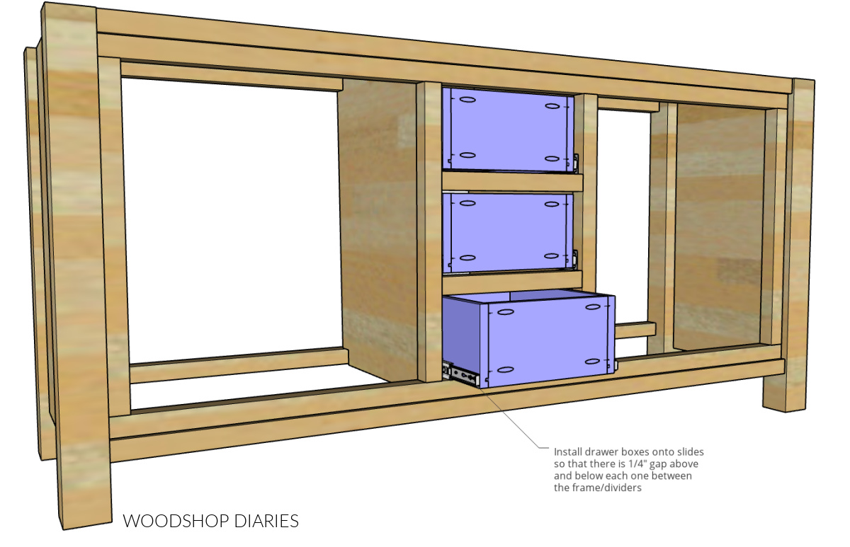 Diagram showing drawer boxes installed onto drawer slides