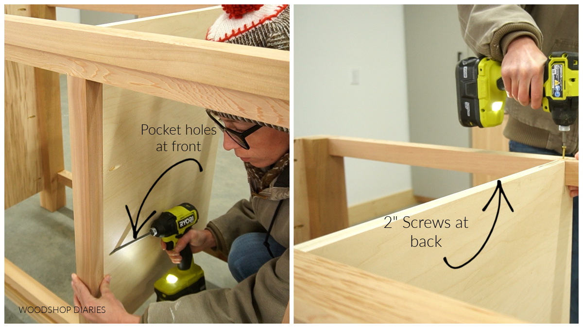 Shara Woodshop Diaries securing divider panel into vanity frame using screws