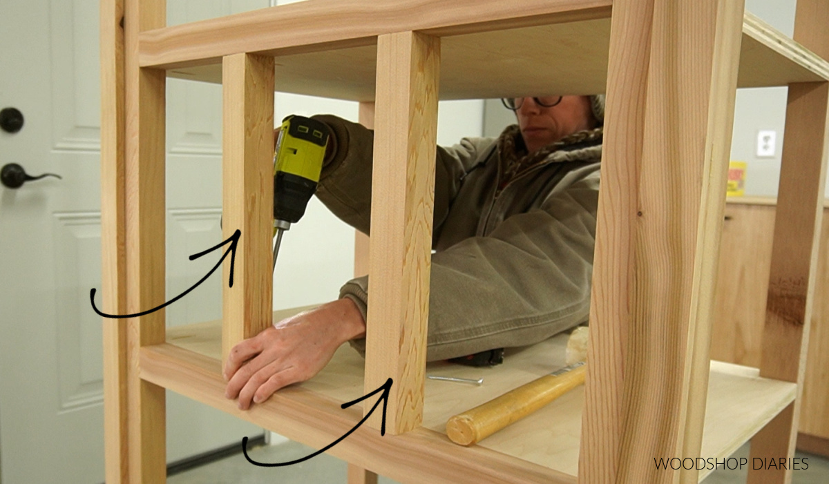 Shara Woodshop Diaries installing drawer dividers in middle of bathroom vanity frame