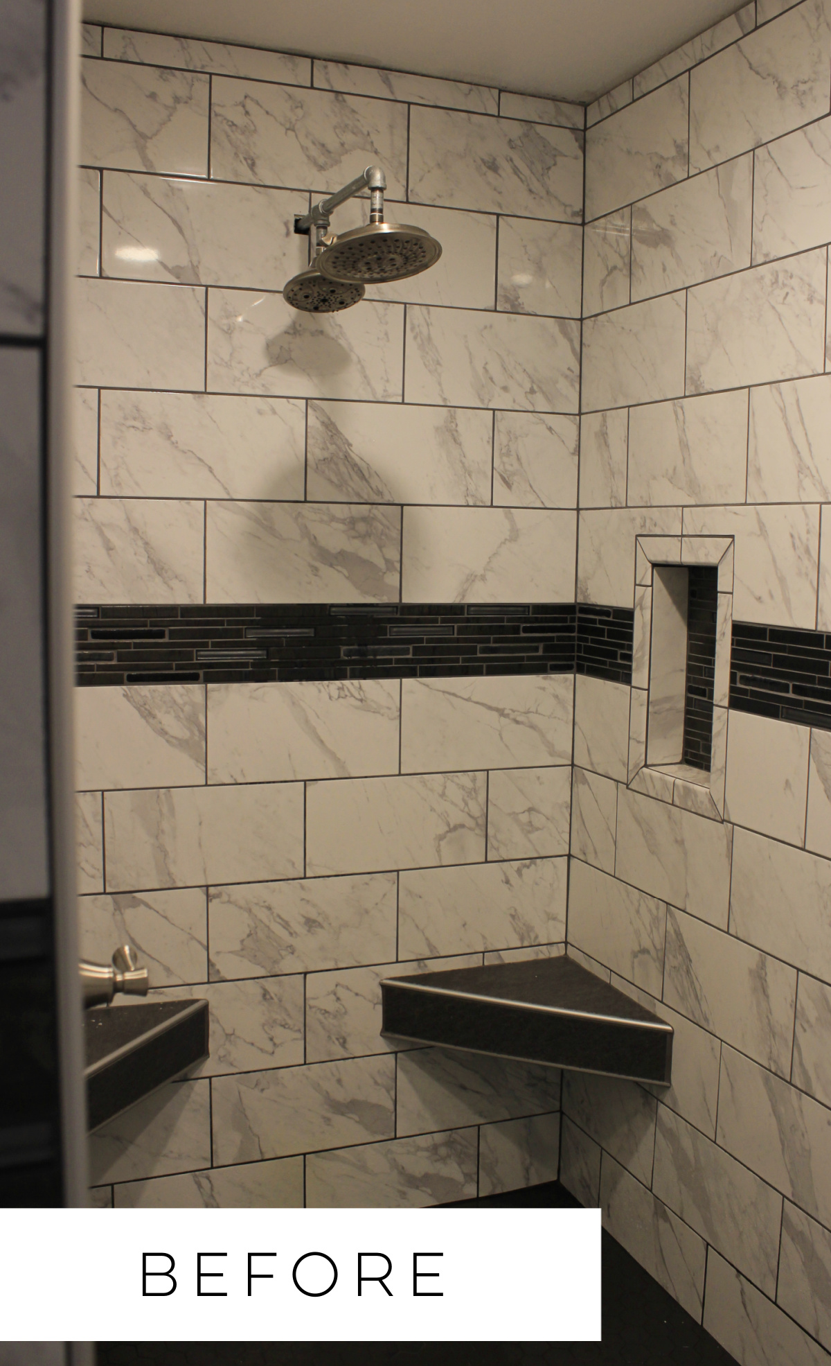 walk in shower before remodel--white tile with dark accents and dark grout