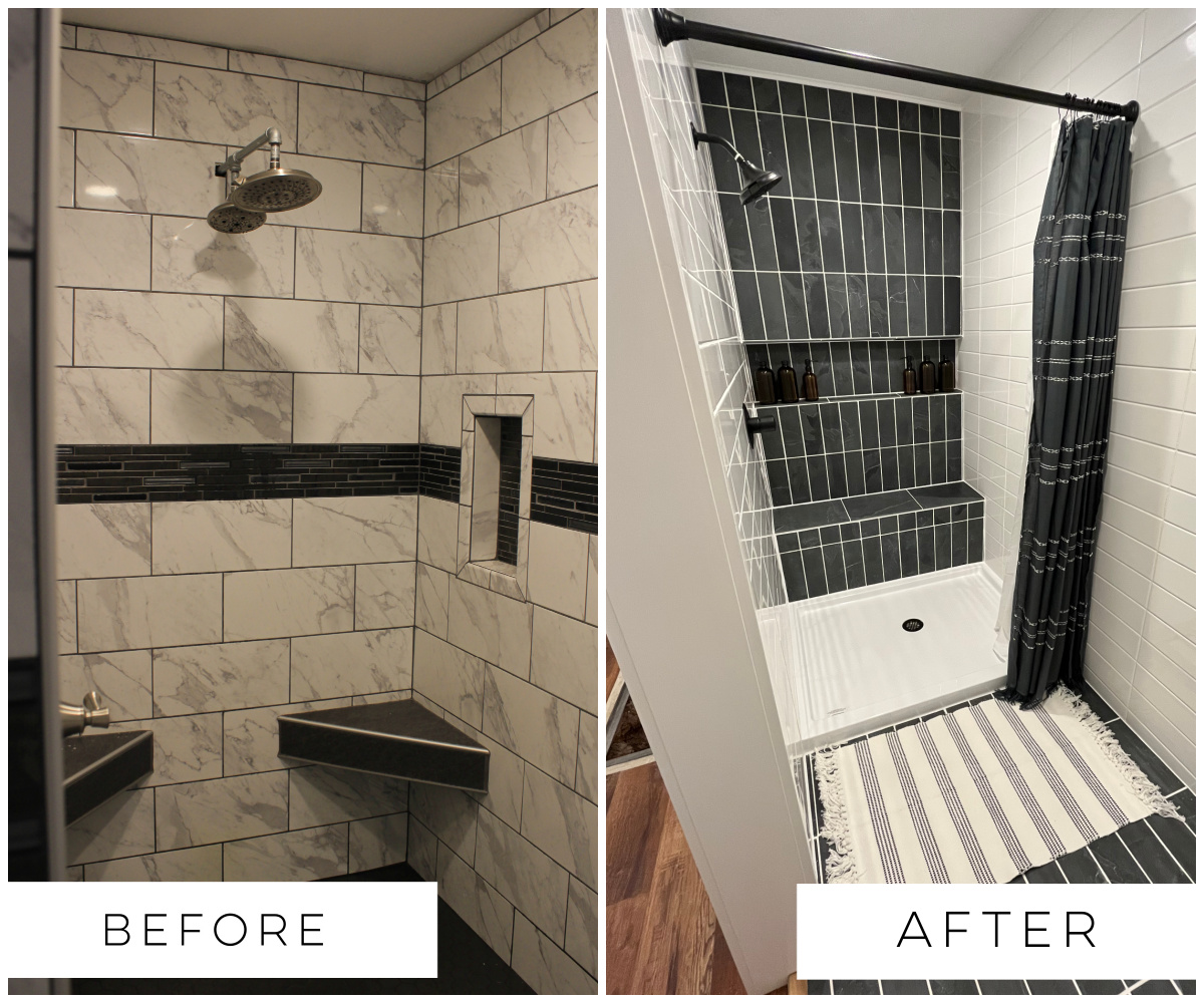 Before and after collage showing back shower wall