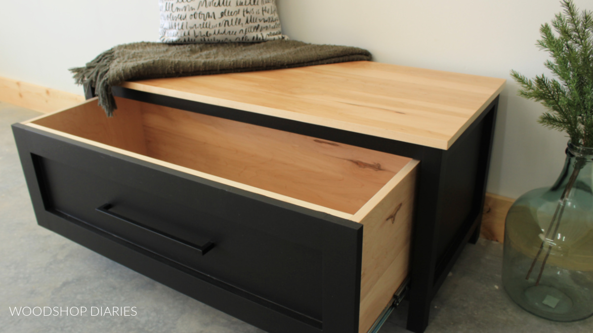 Storage bench with drawer open