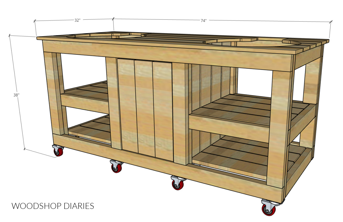 computer diagram showing overall DIY outdoor ceramic grill cart project dimensions of 38" tall, 32" deep and 74" wide