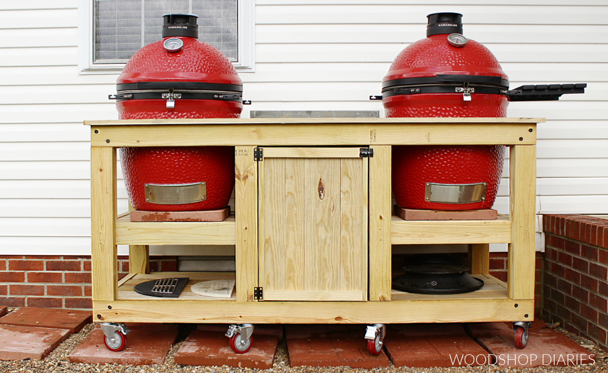 Completed DIY outdoor ceramic grill cart with two Kamado Joe grills placed on shelves