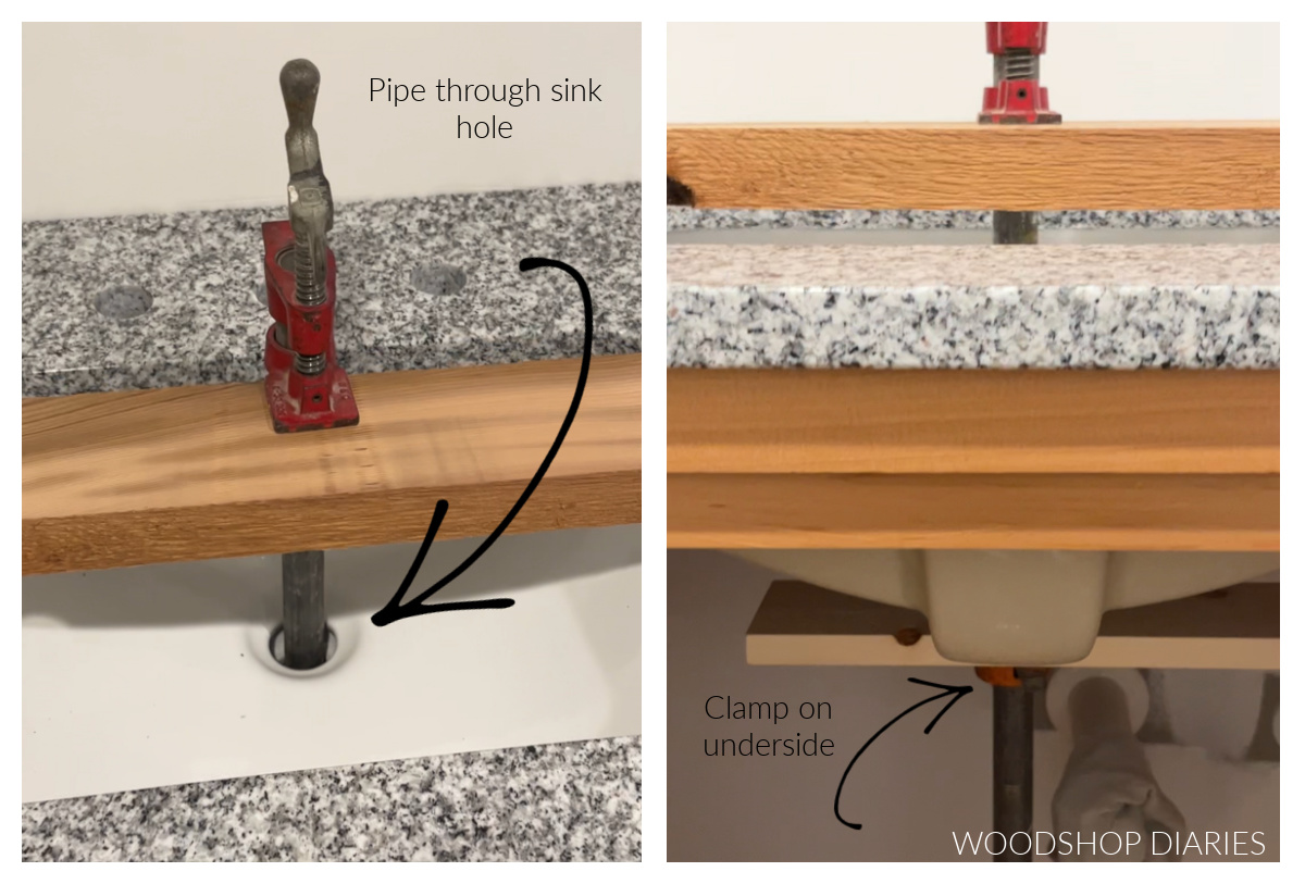 Collage image showing pipe clamp securing sinks in place on granite countertop