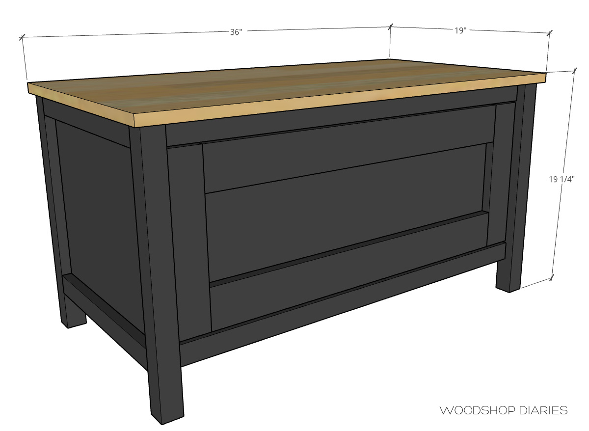 Overall dimensional diagram of storage bench showing 36" wide, 19" deep, 19 ¼" tall