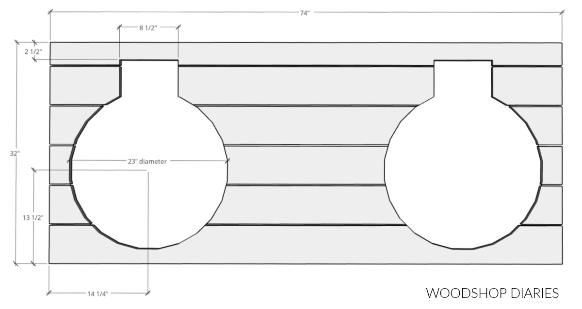Diagram of cut outs for ceramic grill bodies in cart top