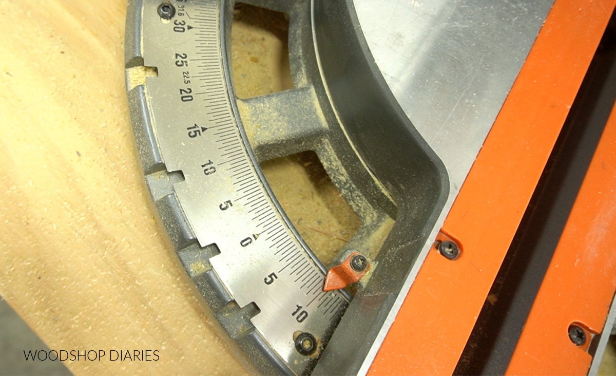 Close up of miter saw mitered to 10 degrees