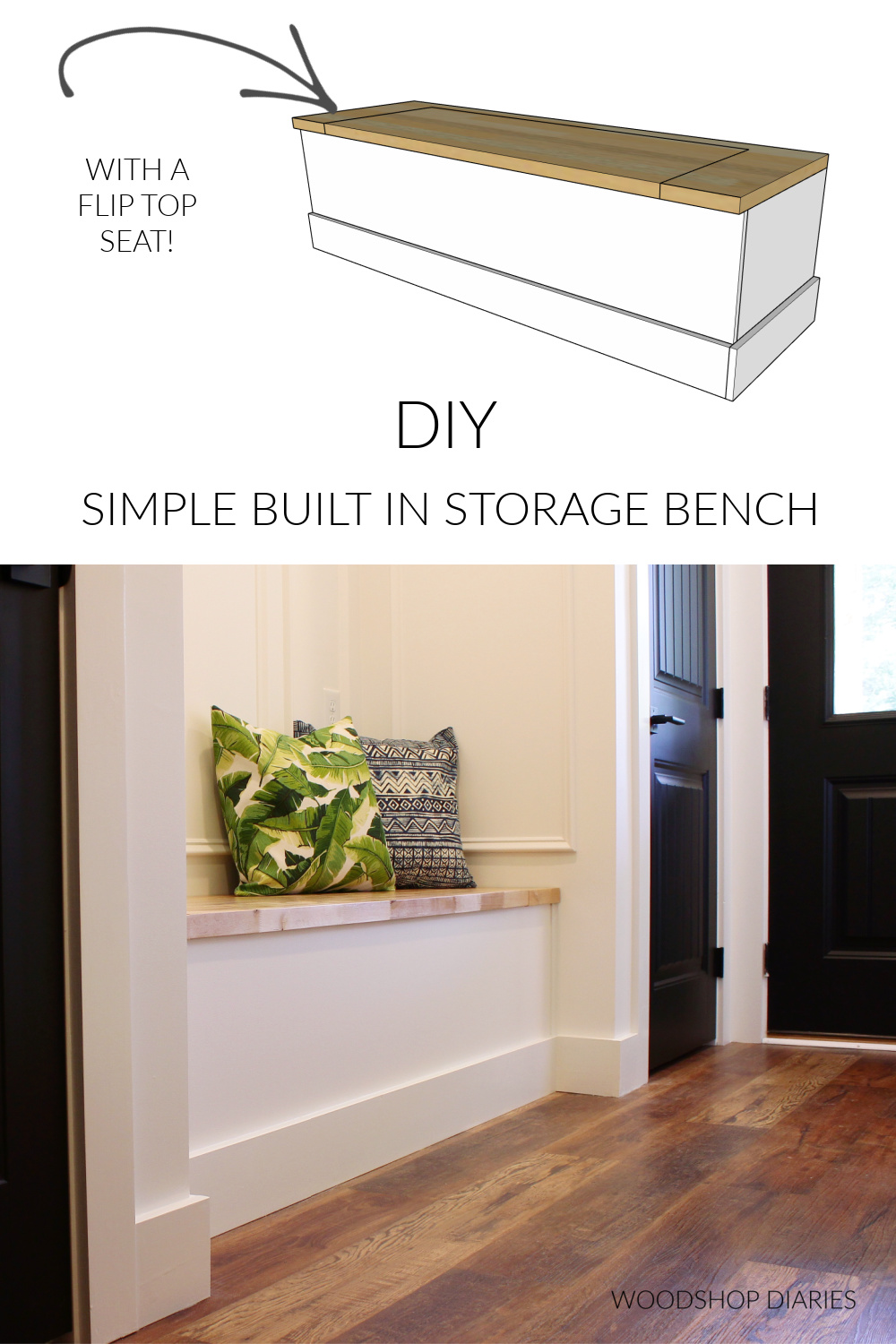 Pinterest collage showing overall built in diagram at top and completed bench seat built in at bottom with text "DIY simple built in storage bench"