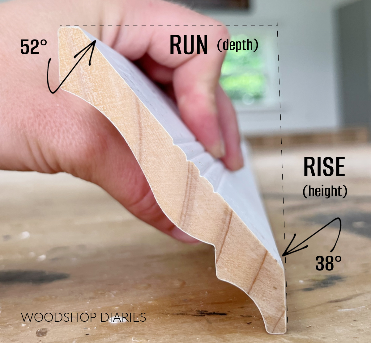 Close up of crown molding standing up on workbench showing rise and run and angles at corners