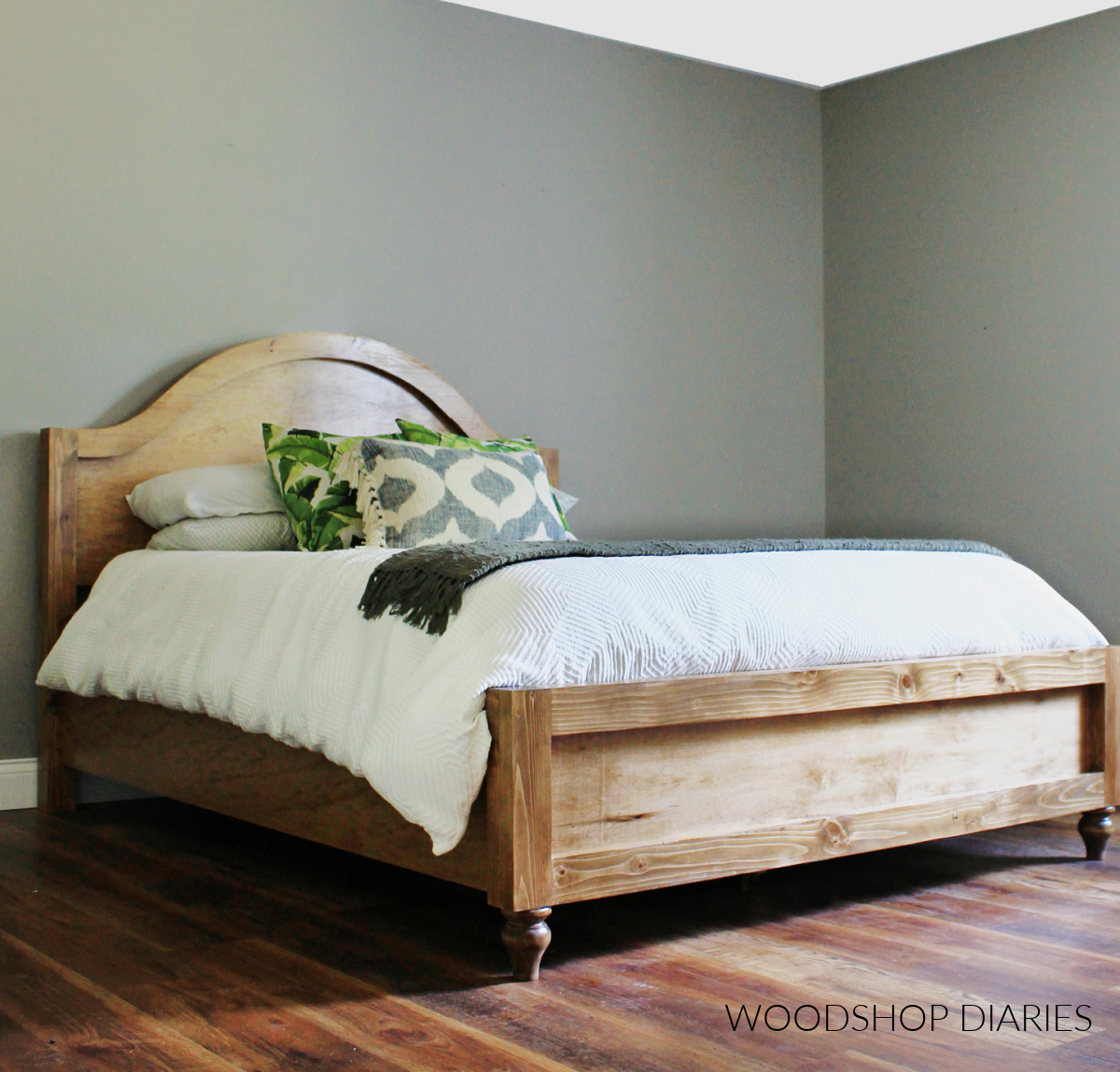 Completed bed frame build--DIY wooden bed frame set up with bedding