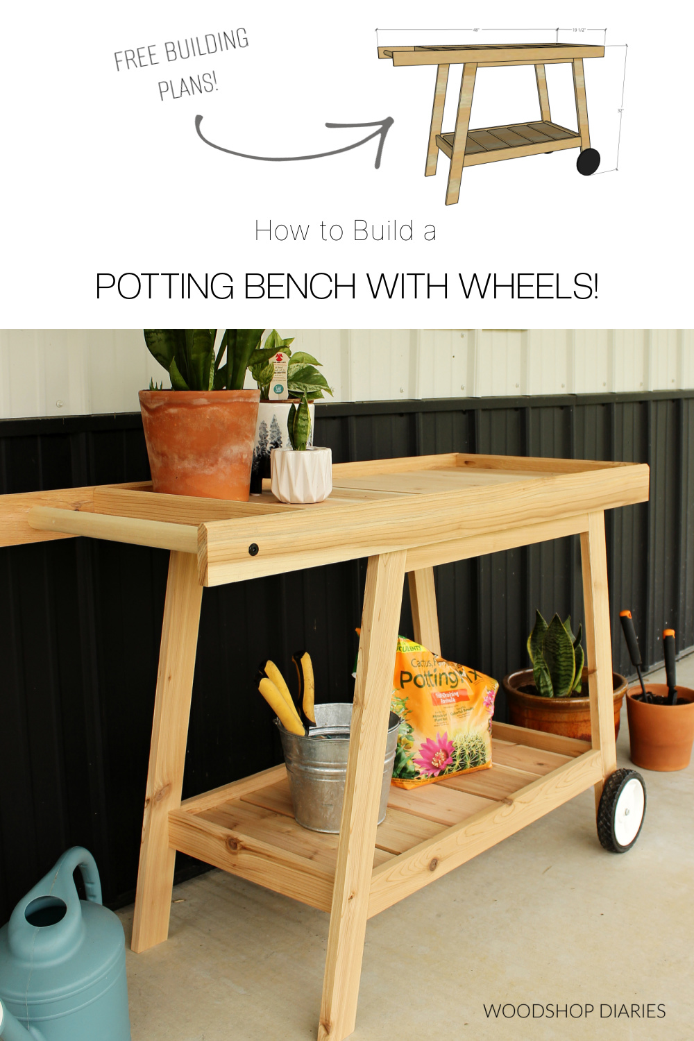 Pinterest collage showing completed DIY mobile potting bench at bottom with overall dimensional diagram at top with text "how to build a potting bench with wheels"