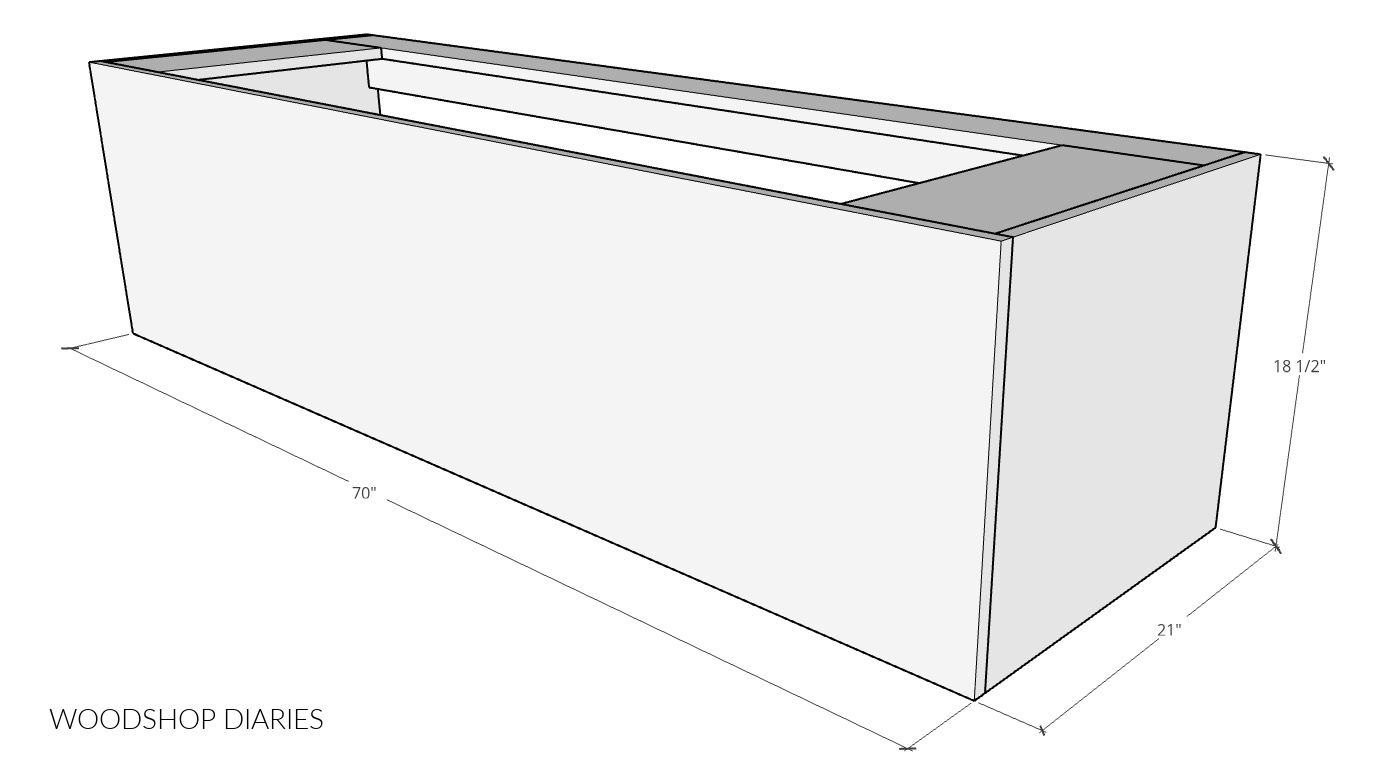 Overall dimensional diagram of built in bench box--70" wide 18 ½" tall and 21" deep