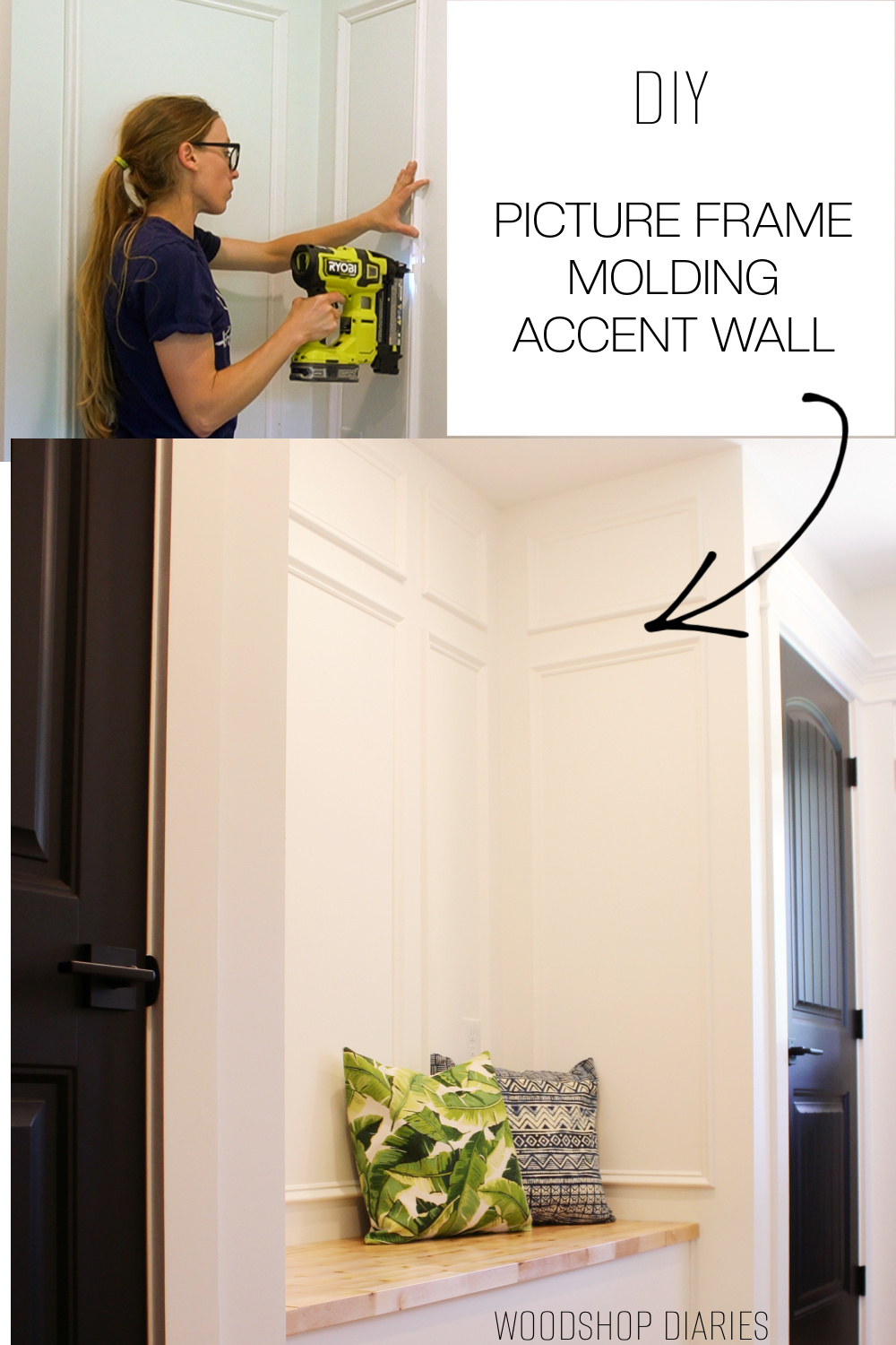 Pinterest collage image showing Shara installing picture frame molding using nail gun at top and completed accent wall at bottom with text "DIY picture frame molding accent wall"
