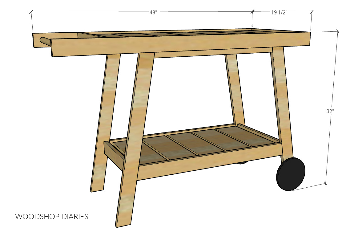 DIY Mobile potting bench with wheels overall dimensional diagram showing 32" tall, 19 ½" deep and 48" long