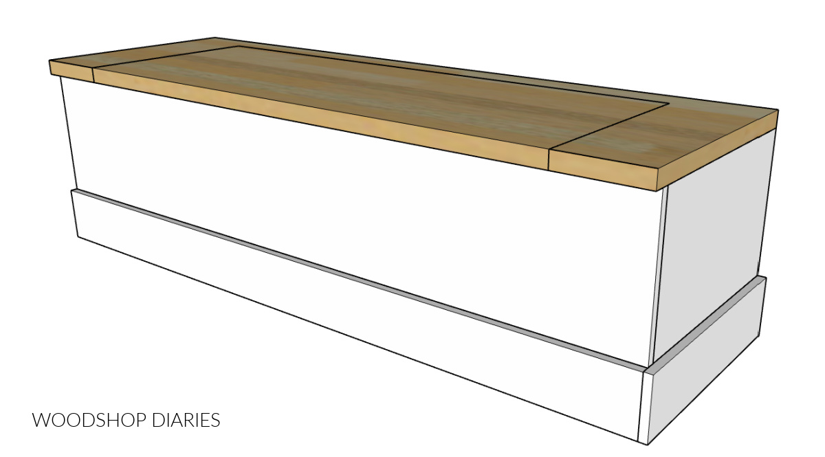 Computer diagram of basic simple storage bench box with trim at bottom and a wooden butcherblock top