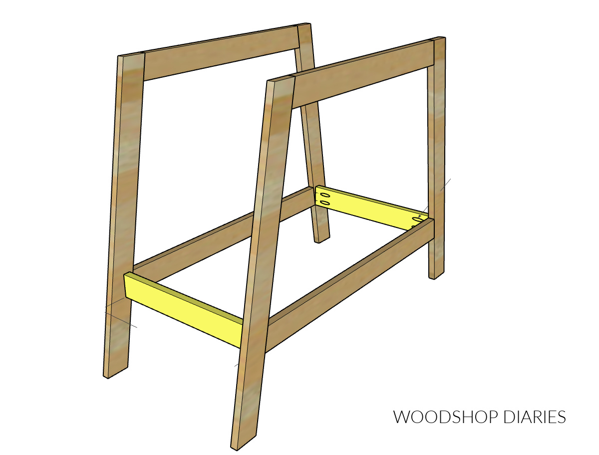 Diagram showing attaching bottom shelf sides of potting bench cart