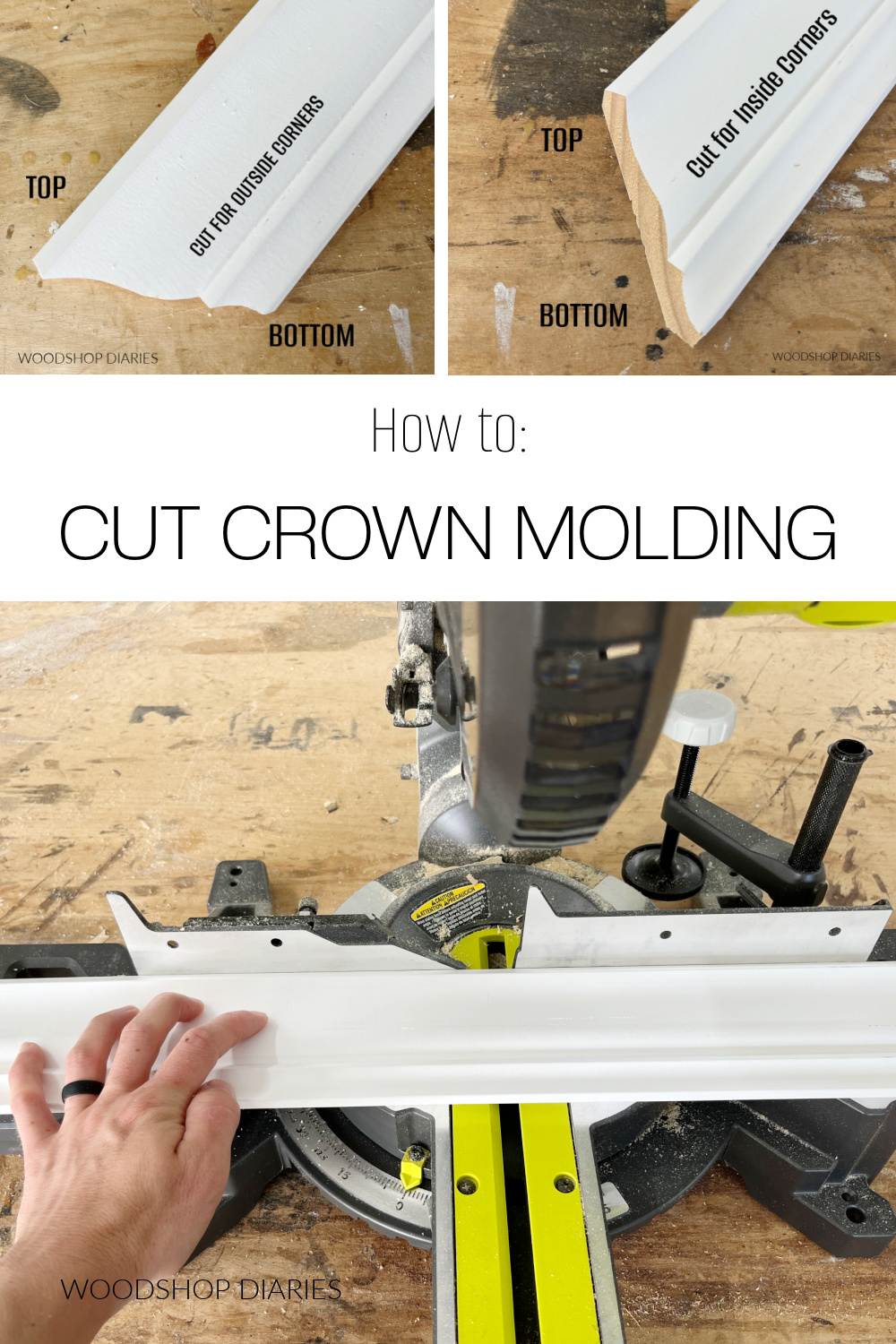 Pinterest collage image showing crown molding flat in miter saw at bottom and close up cuts for inside vs outside corners at top with text "how to cut crown molding"