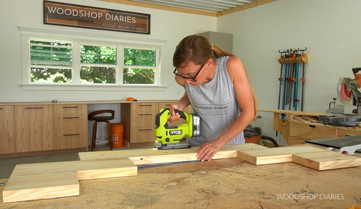 Shara Woodshop Diaries using jig saw to cut bed frame arched head board