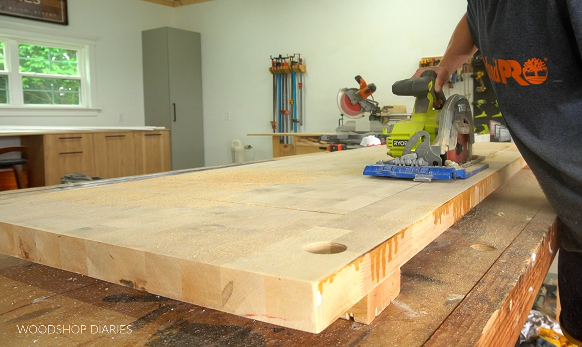 Shara Woodshop Diaries cutting out flip top section of bench seat