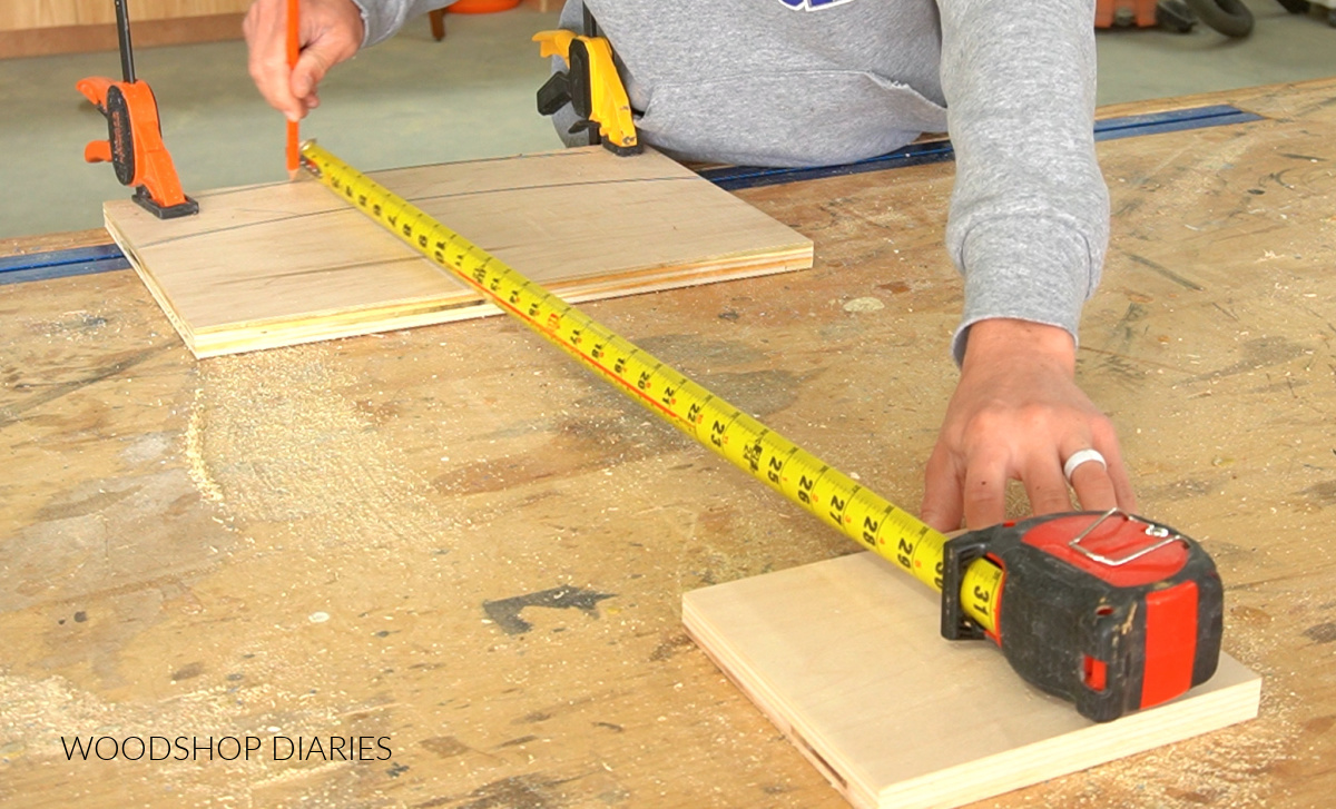 Shara Woodshop Diaries showing how to draw a radius using a tape measure on scrap wood