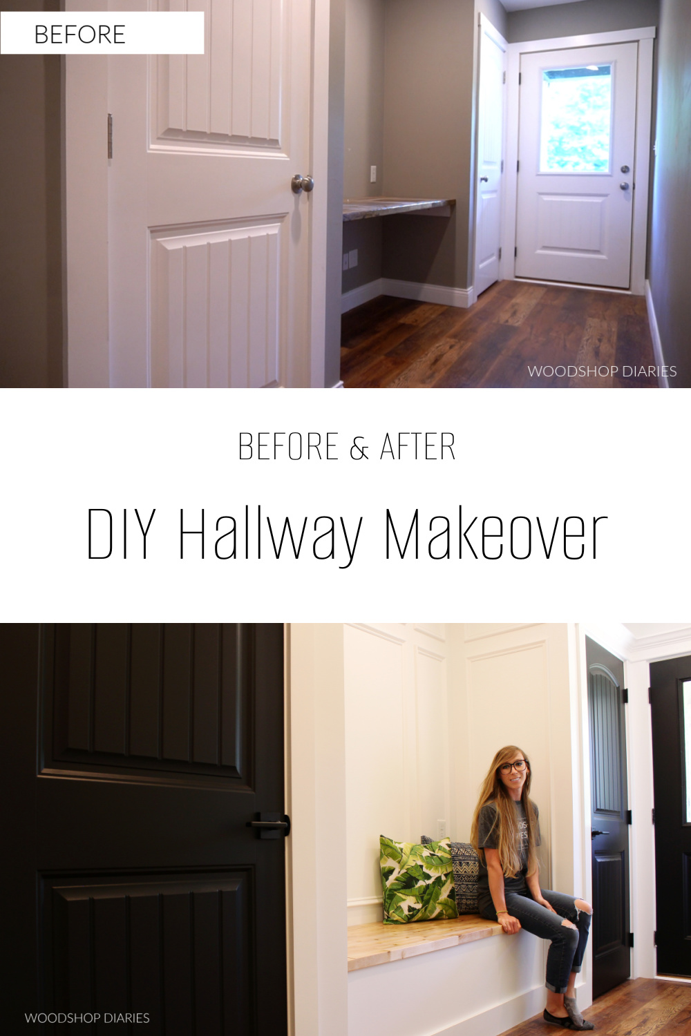 Pinterest collage image showing hallway before image at top and DIY hallway makeover after image at bottom with text "BEFORE AND AFTER DIY Hallway makeover"