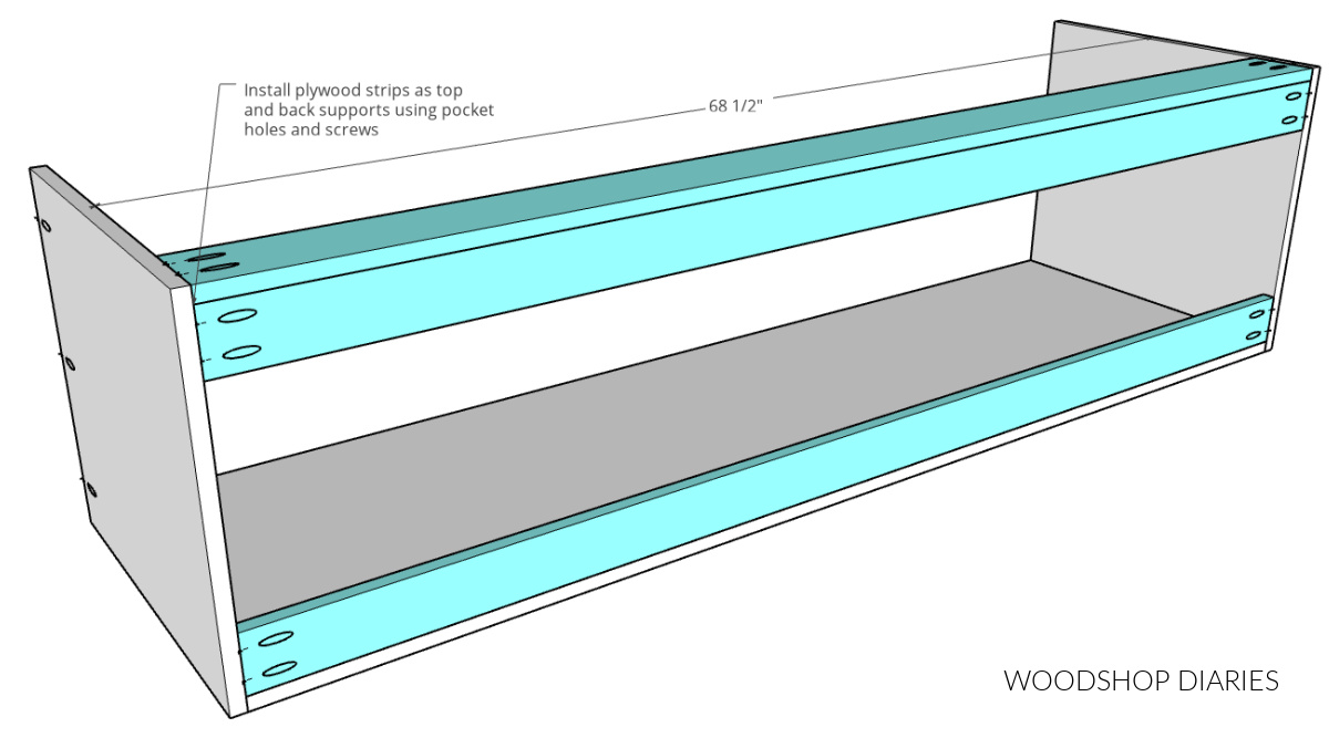 Diagram showing where to attach back supports of bench box