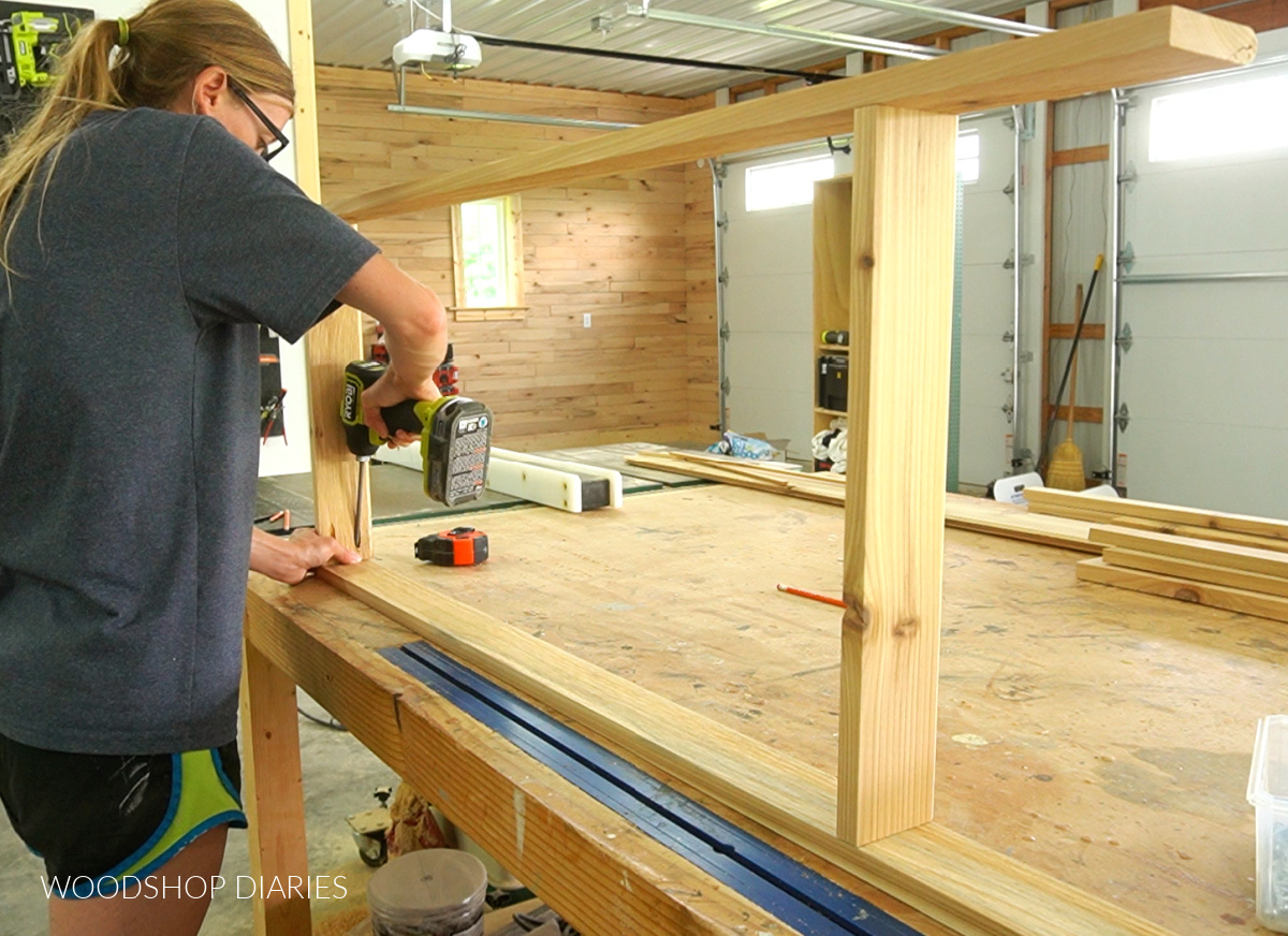 Shara Woodshop Diaries assembling top tray using pocket holes and screws on workbench