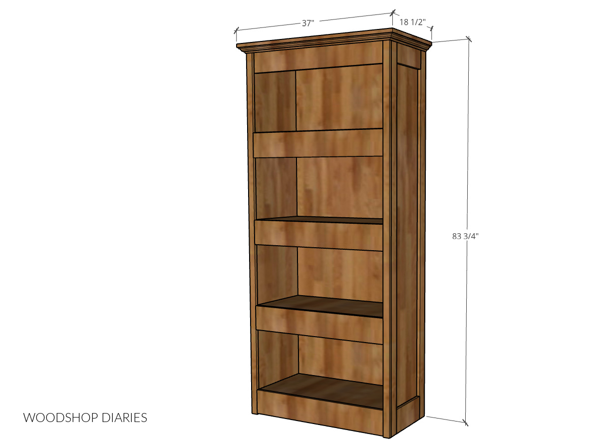 Overall dimensional diagram of hidden storage bookcase-- 83 ¾" tall, 18 ½" deep, 37" wide