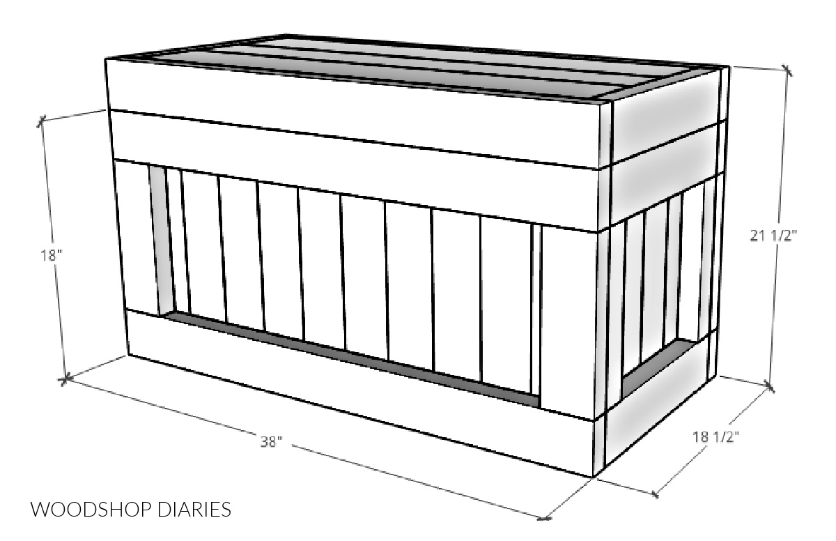 Overall dimensional diagram showing size of Christmas tree skirt box with hope chest lid