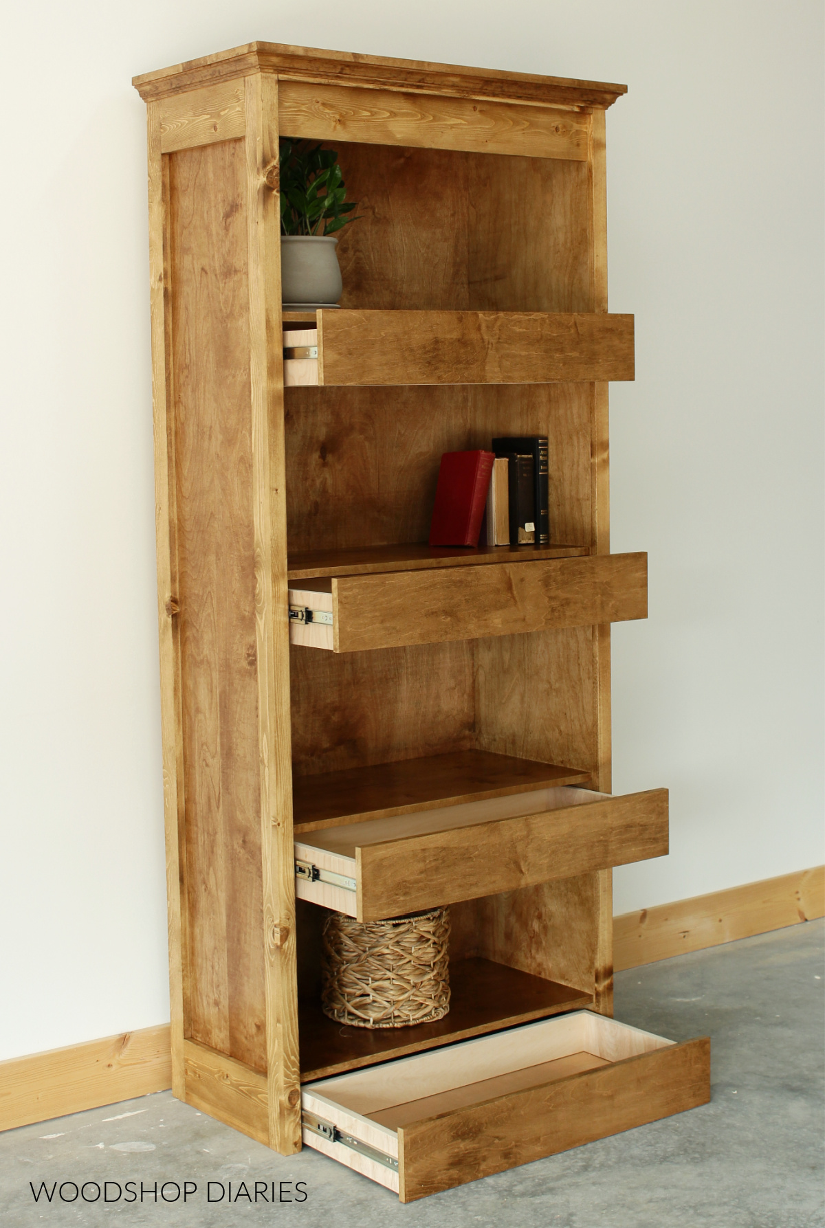 DIY Bookshelf with Hidden Storage Drawers--Printable Building Plans