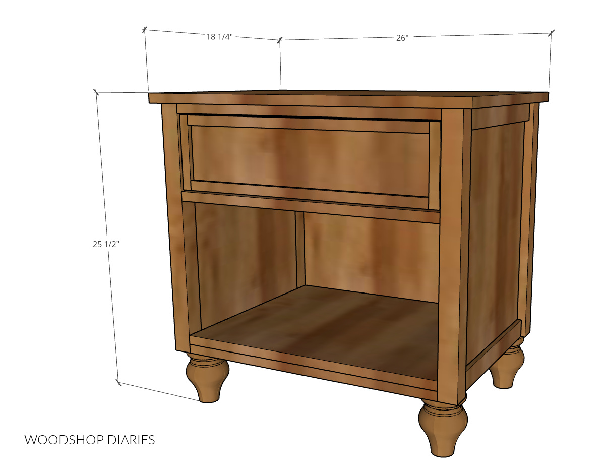 Overall dimensional diagram of nightstand--25 ½" tall, 18 ¼" deep and 26" wide