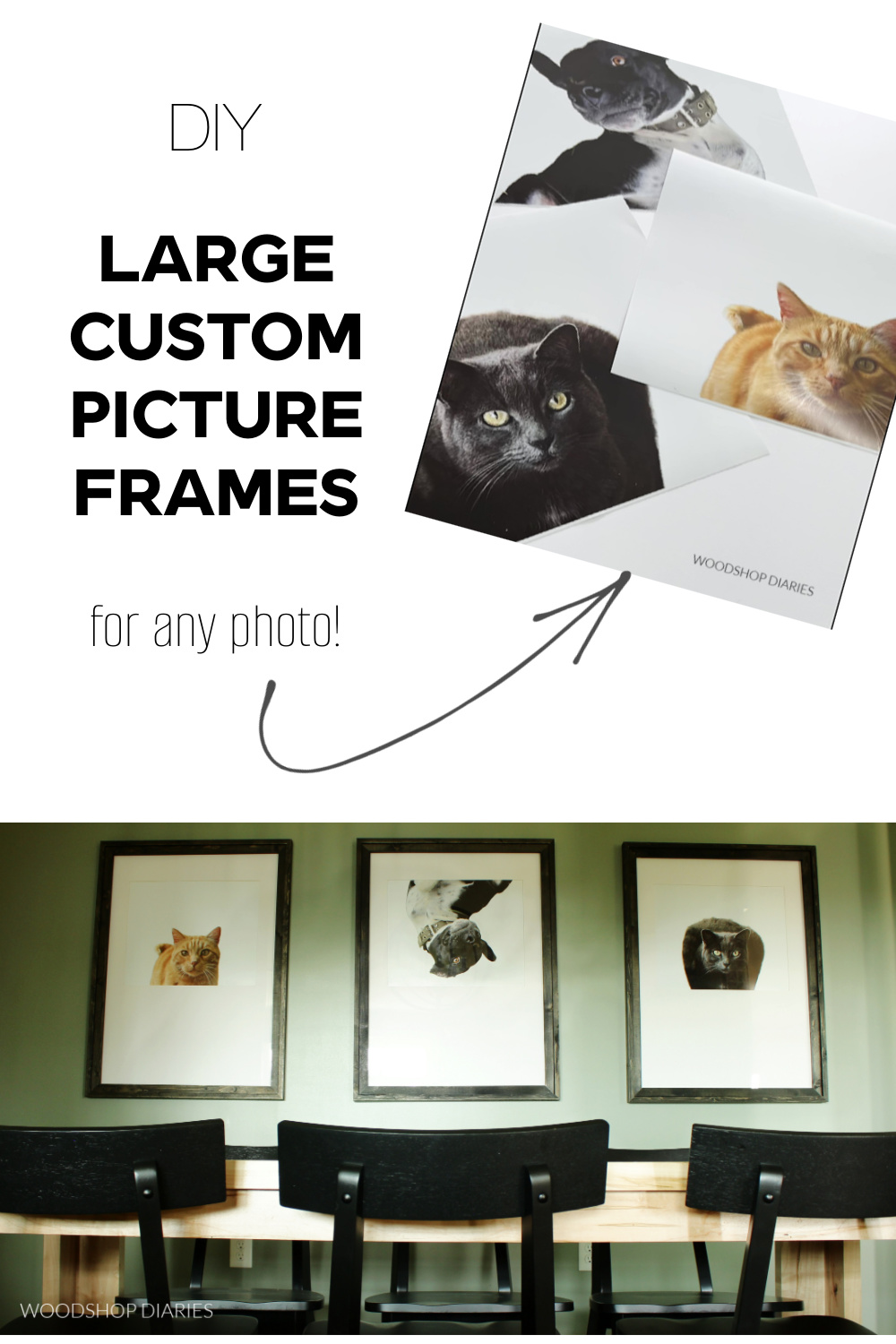 Pinterest collage image showing pet photos at top and completed custom picture frames at bottom with text "DIY large custom picture frames for any photo