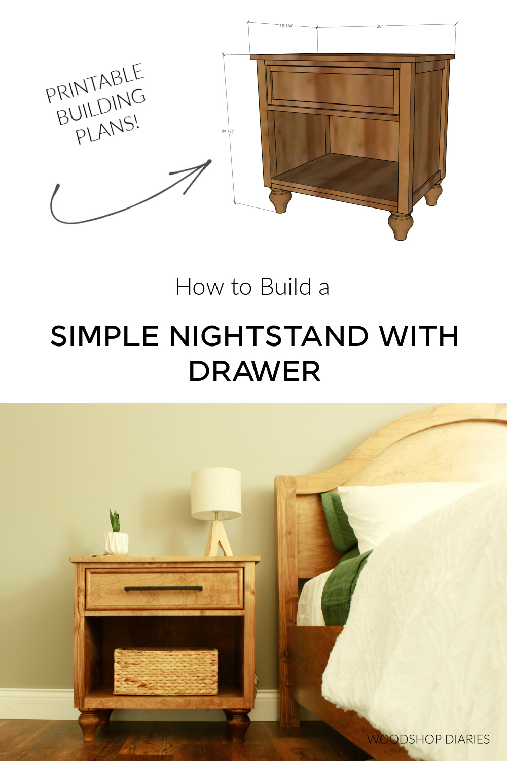 Pinterest collage image showing overall dimensional diagram at top and completed DIY nightstand on bottom with text "how to build a simple nightstand with drawer"