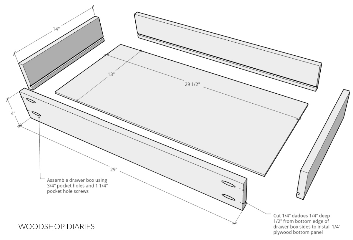 Exploded diagram of hidden storage drawer box assembly