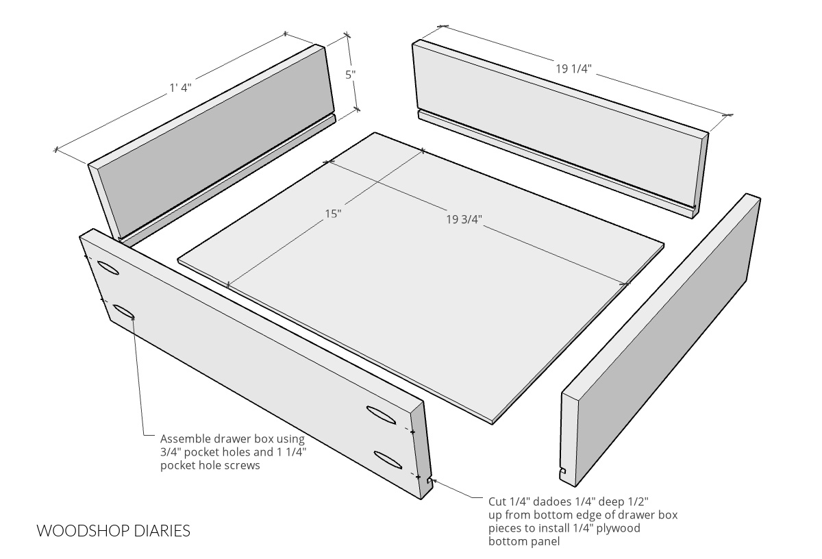 Exploded diagram of drawer box with dimensions