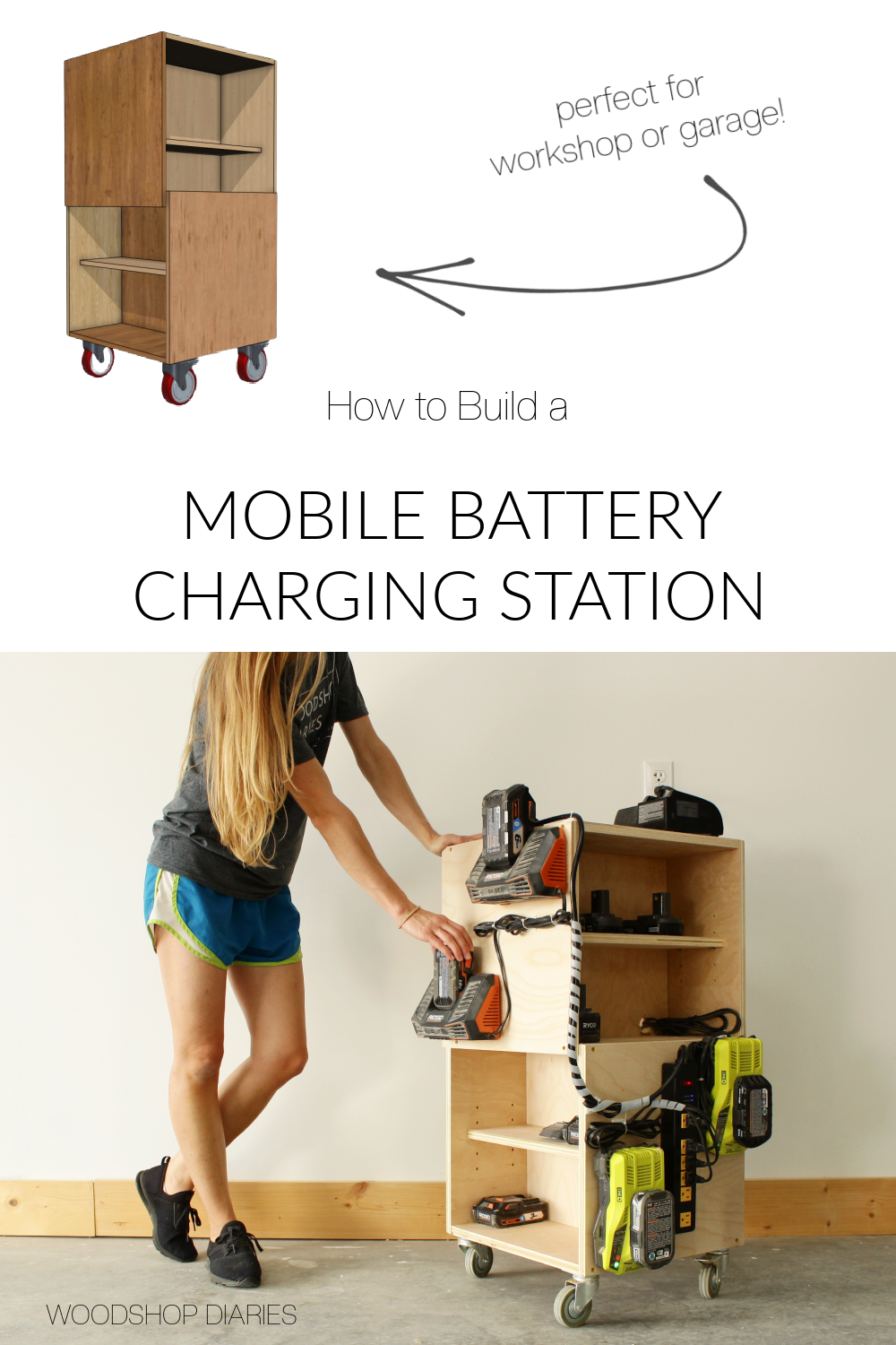 Pin image collage showing overall diagram at top and Shara Woodshop Diaries putting a battery on the charger at bottom with text "How to build a mobile battery charging station"