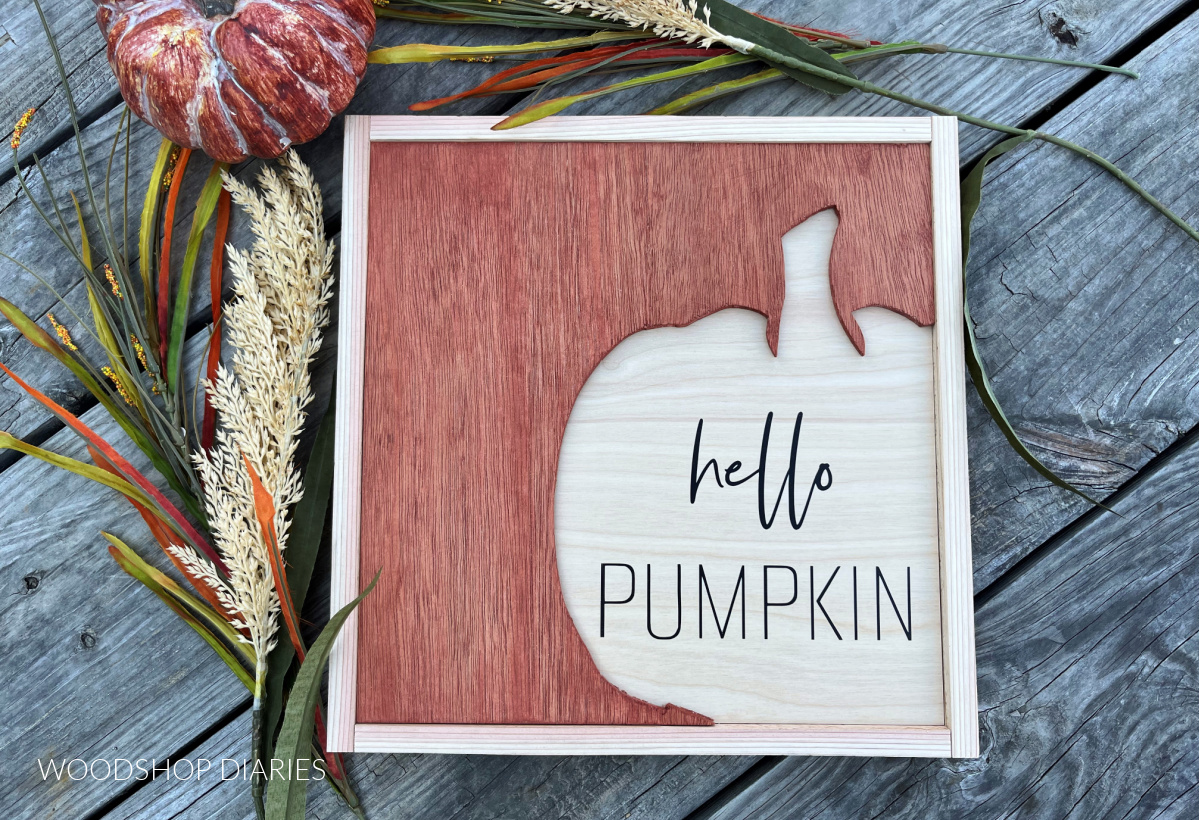 Wooden art piece with black vinyl letting "hello pumpkin" at bottom corner and orange stained pumpkin cut out shape overlaid it