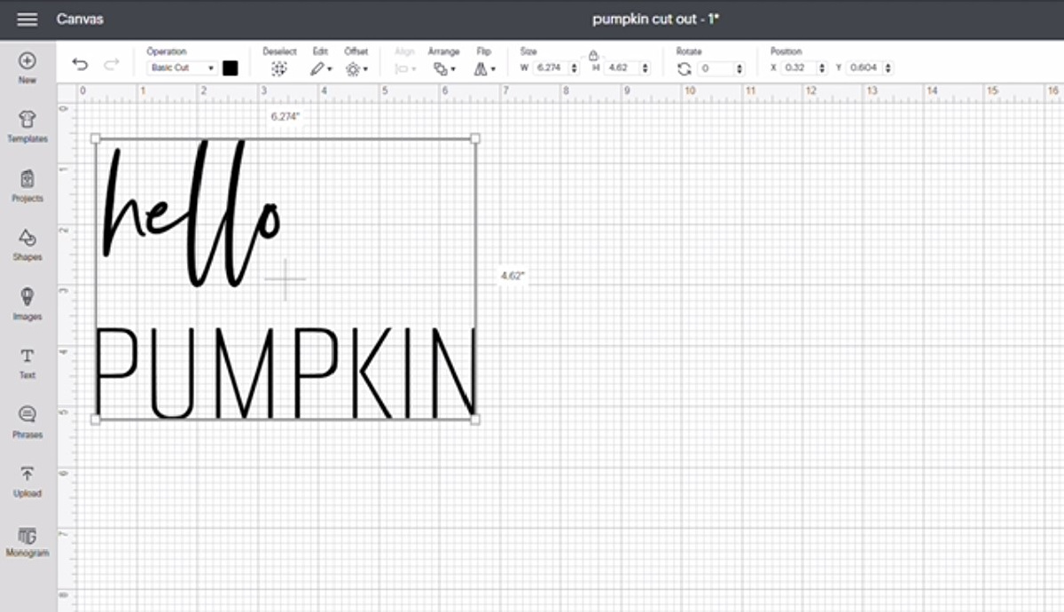 text "hello pumpkin" in Cricut Design Space screenshot