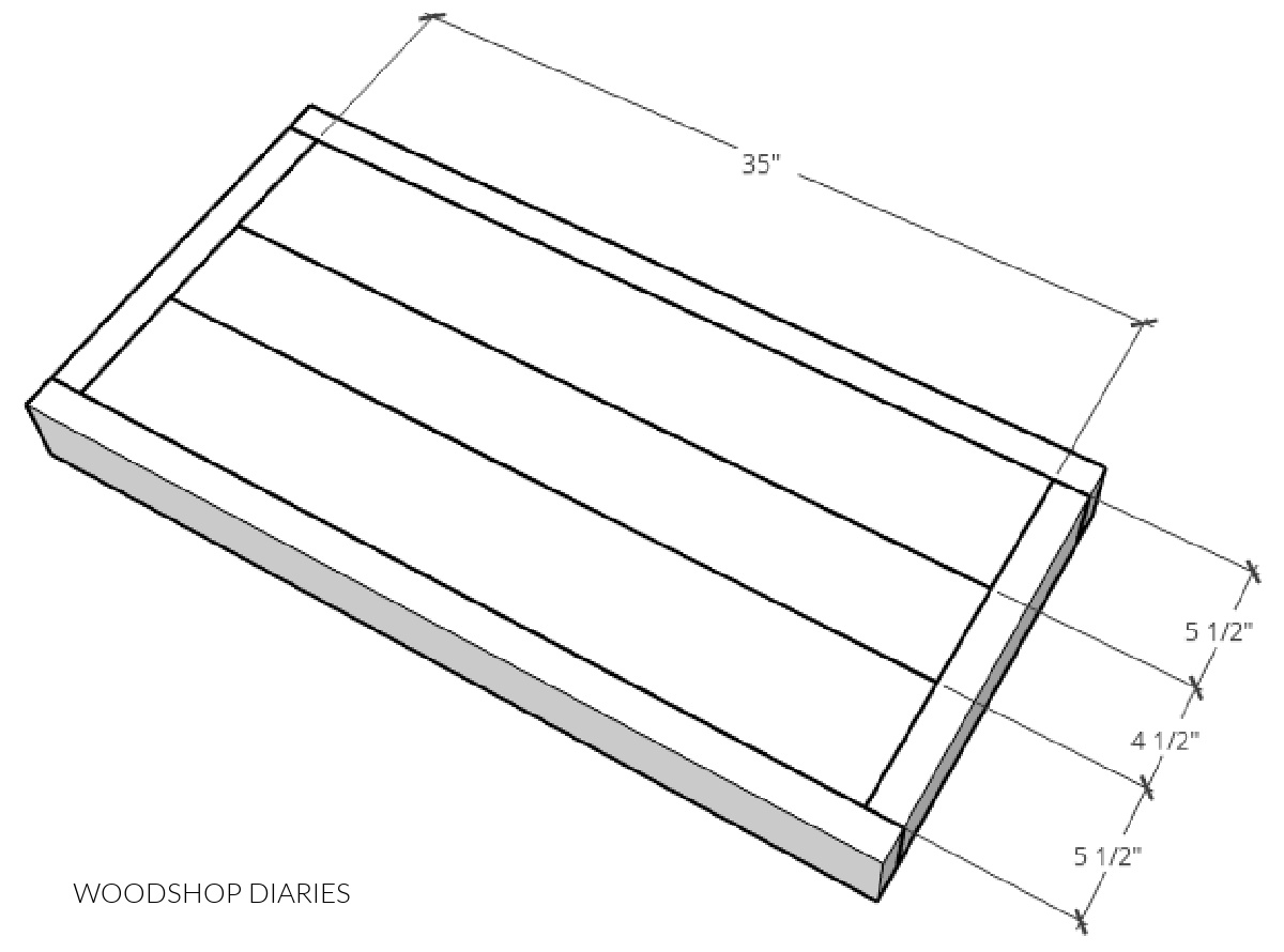 Wooden Christmas Tree Skirt Box lid with top slats--assembly diagram with dimensions to cut top pieces
