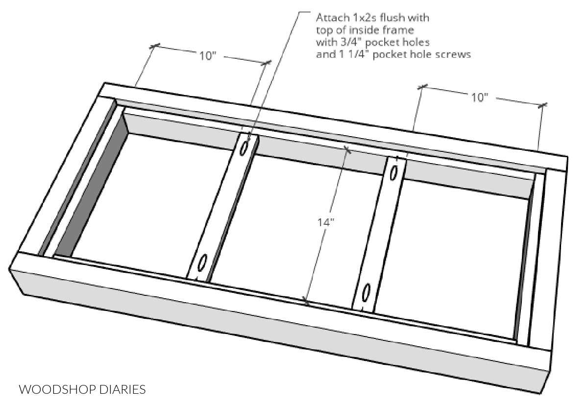 Lid assembly diagram showing 1x2 stretcher pieces running between sides