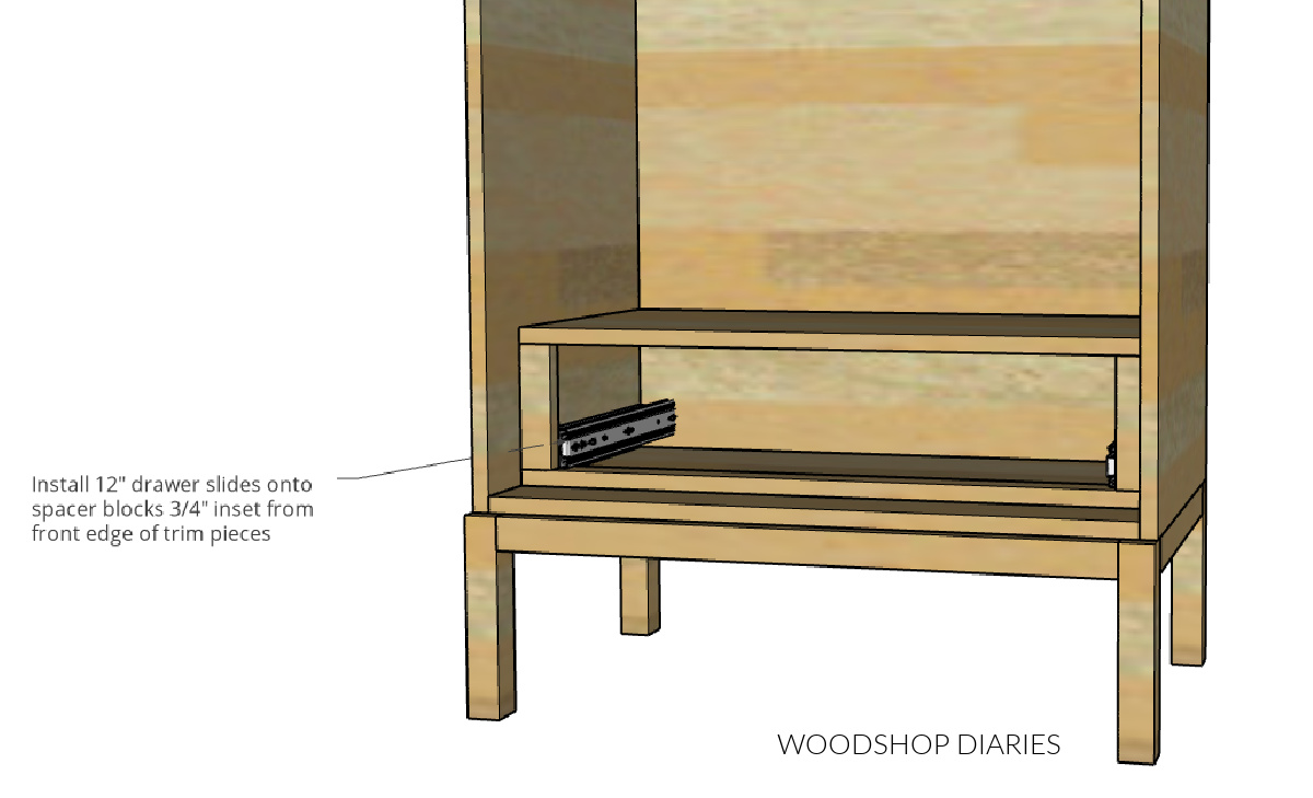 Diagram showing installation of drawer slides in display cabinet