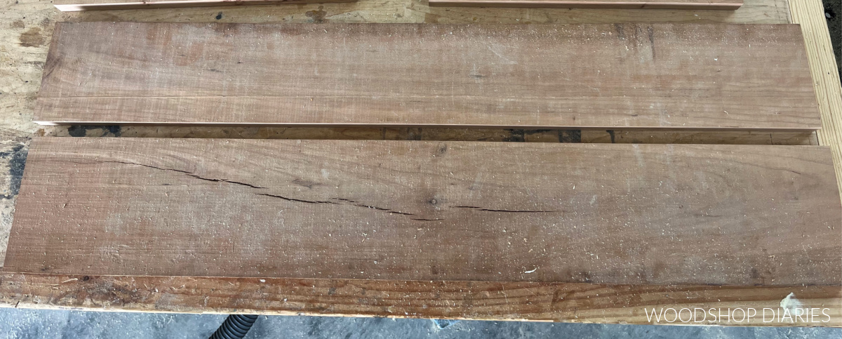 Two 4 ½" wide wood strips laying on workbench