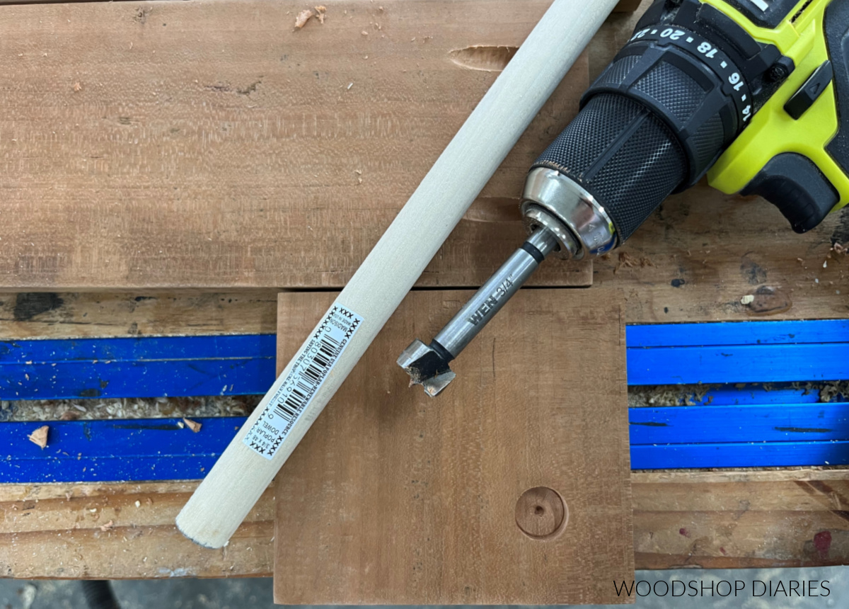 Close up of ¾" diameter hole drilled for dowel