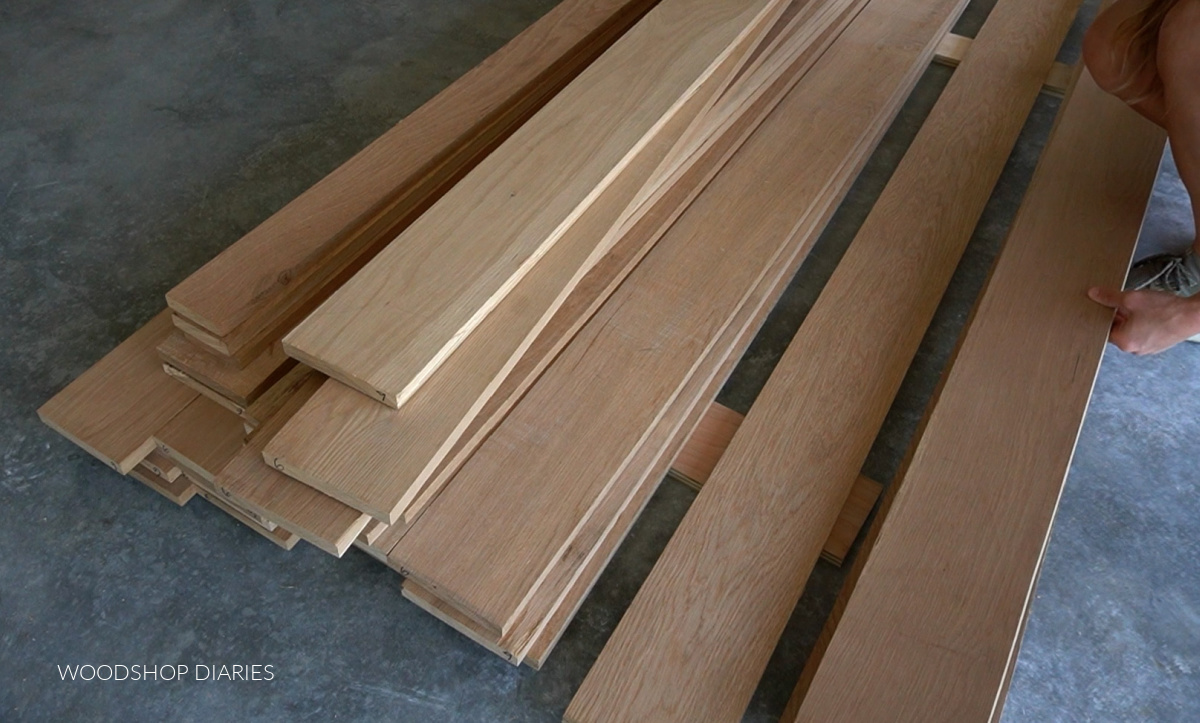 White oak lumber stacked on workshop floor