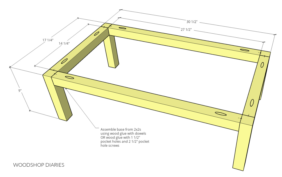 Diagram showing dimensions of pieces to assemble display cabinet base