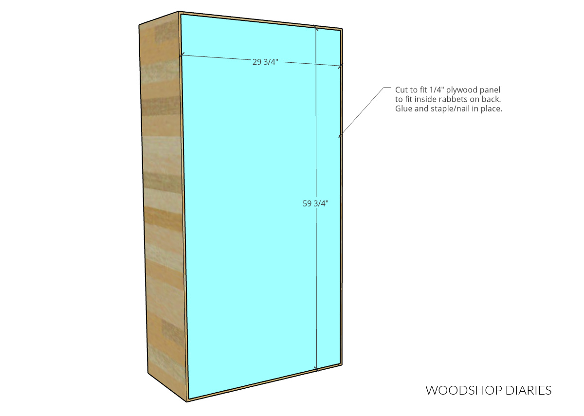 Diagram showing dimensions and installation of back plywood panel on display cabinet build