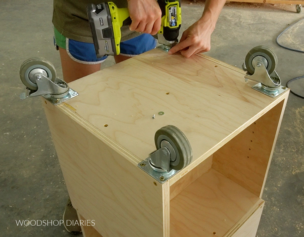 Installing caster wheels on bottom side of plywood shop cart